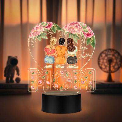 Personalized Mom with Two Daughters Acrylic LED Lamp with UV Print – Warm White Night Light Mother’s Day Gift